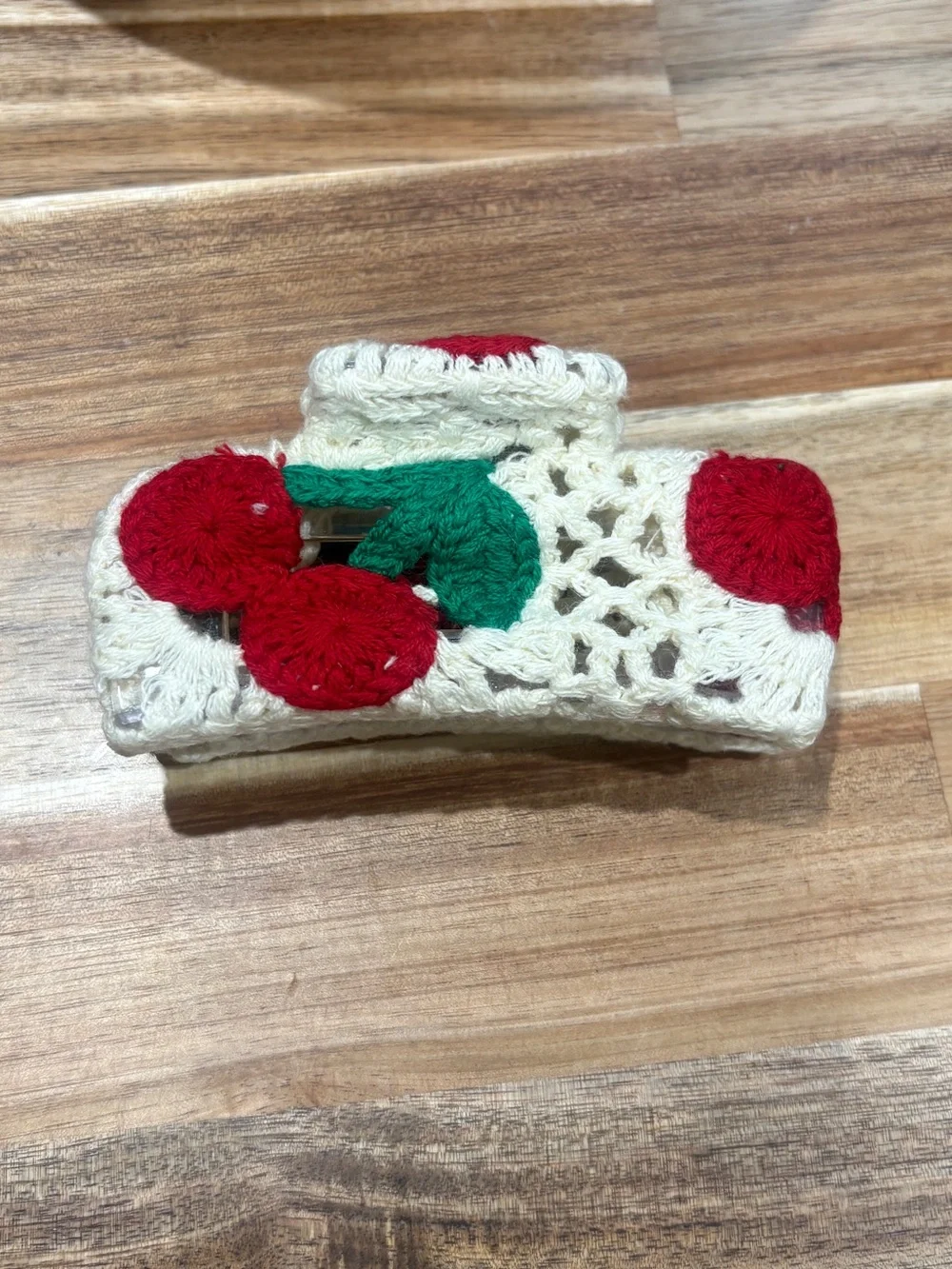 Handmade Crochet Hair Claw with Cherry Motif - Cream & Red